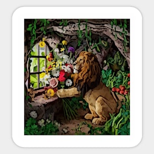 watercolor lion with garden and mixed flowers Sticker